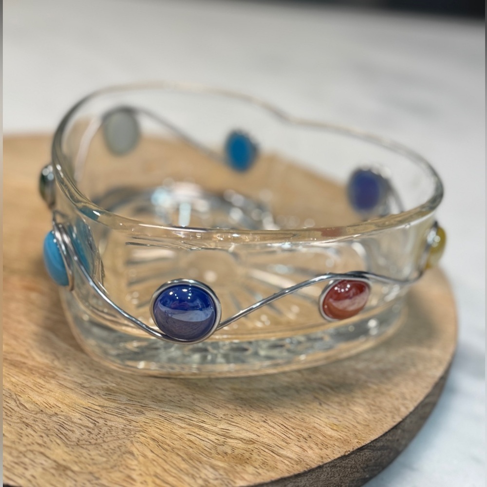 Clear Glass Colorful Beaded And Wire Wrapped Art App Dish Candy or Nuts.